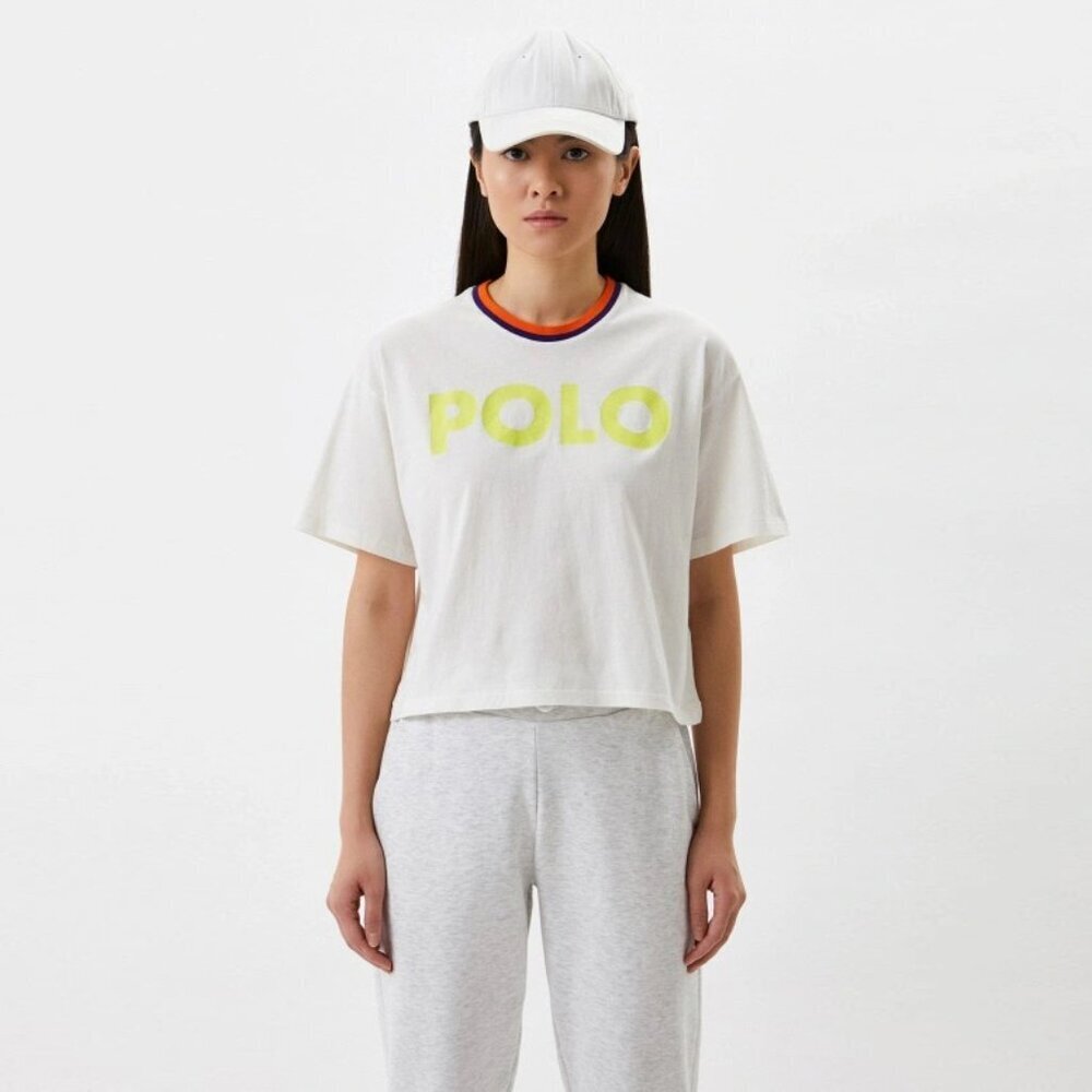 Polo Ralph Lauren White Neon Yellow Cropped Logo Tee Size M